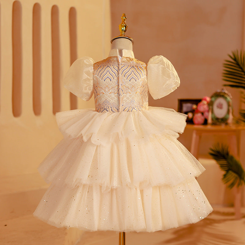 Elegant Pattern Disc Button Mesh Princess Dresses Toddler Tassel Birthday Dresses