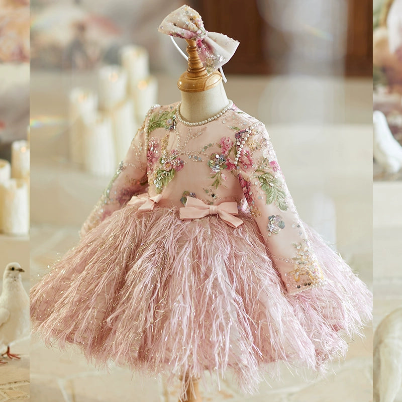 Sequined Long Sleeve Dress Girls Pink Birthday Dress Flower Girl Princess Dress