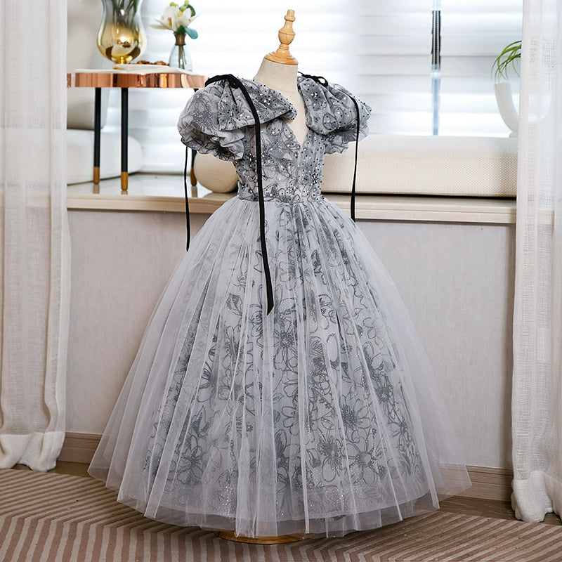 Elegant Baby Girls Puff Sleeve Floral Evening Dress Toddler Ball Gowns