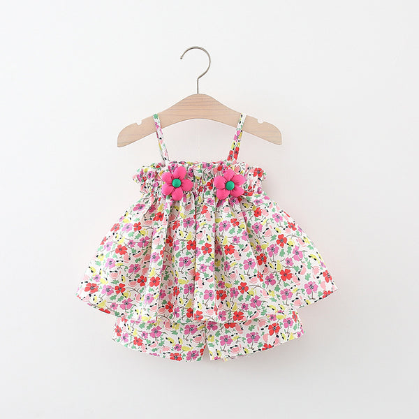 Girls Holiday Style Baby Floral Sling Two-piece Children's Clothing