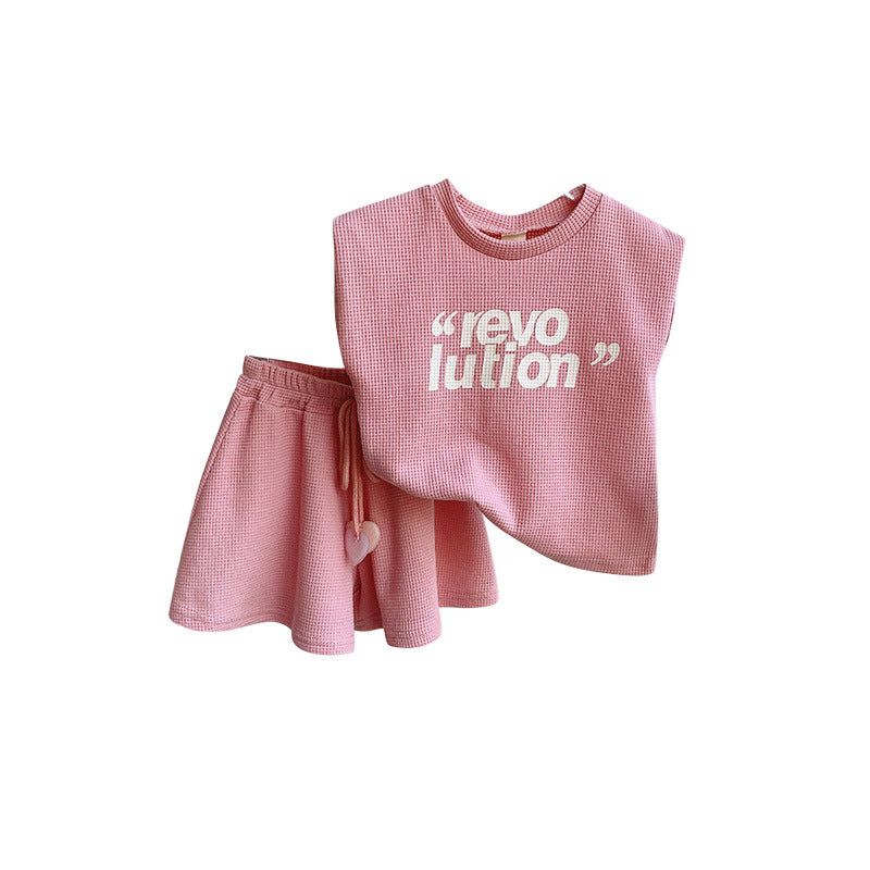 Pink Sleeveless Letter Top and Shorts Two-piece Set