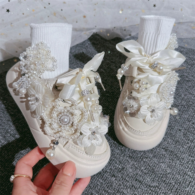 Luxury Girls Beads Flower Sneakers Casual Children Princess Shoes