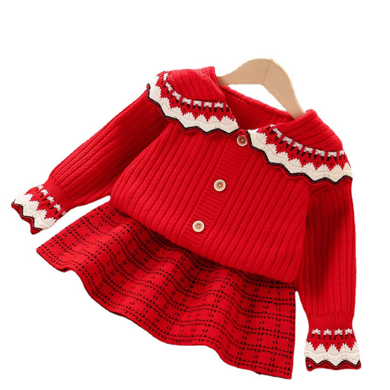 Lapel Knitted Cardigan Girls Sweater Two Piece Set