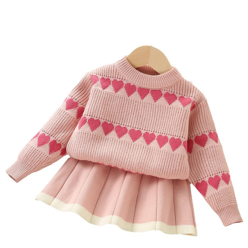 Girls Long-sleeved Heart Knitted Sweater Two-piece Set