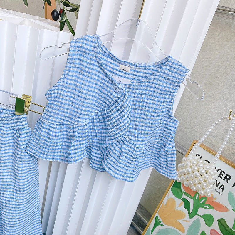 Sweet Girls Blue Plaid Camisole Trousers Two-piece Set
