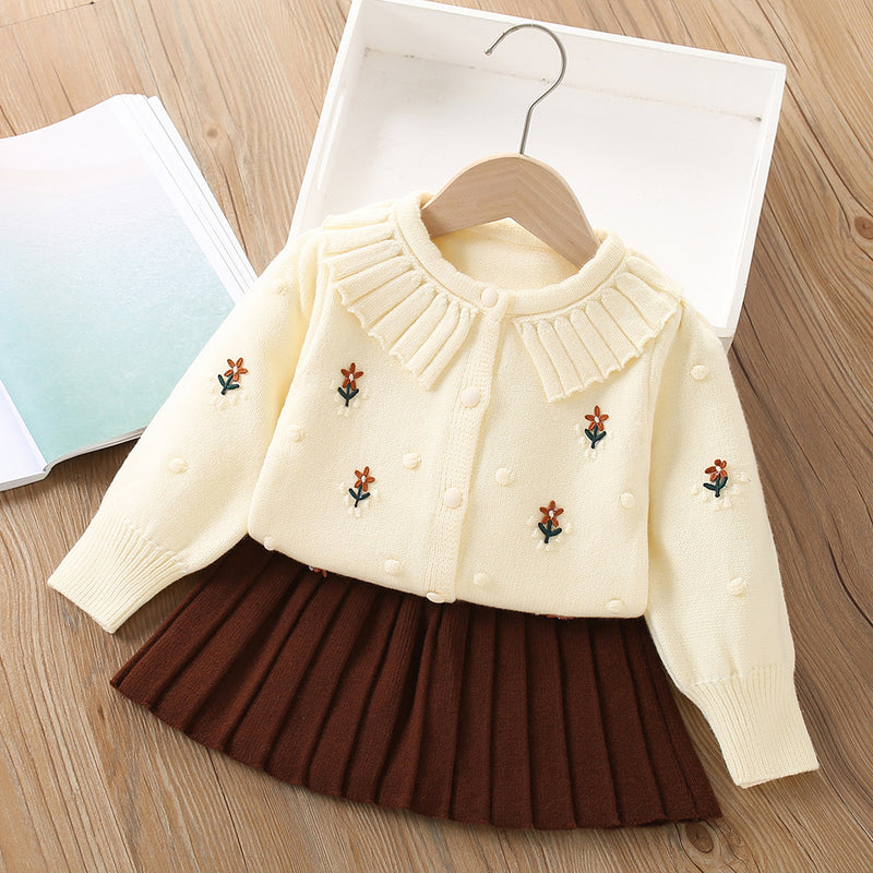 Girls Sweater Flower Knitted Long Sleeve Cardigan Two-piece Set