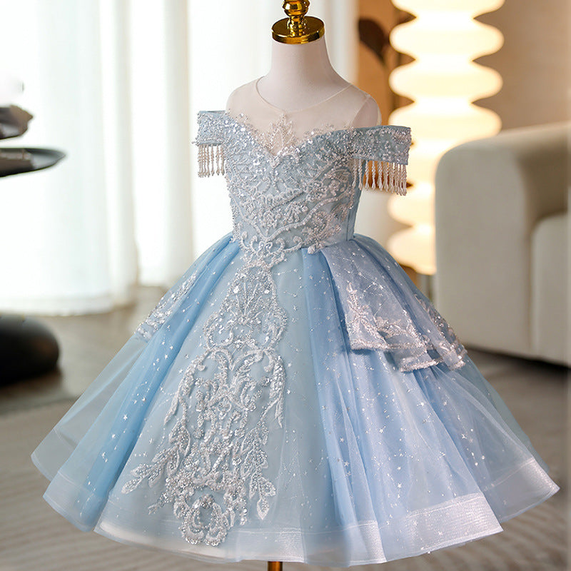 Cute Baby Girl Puffy Blue Sequins Dress Toddler Birthday Party Princess Dress