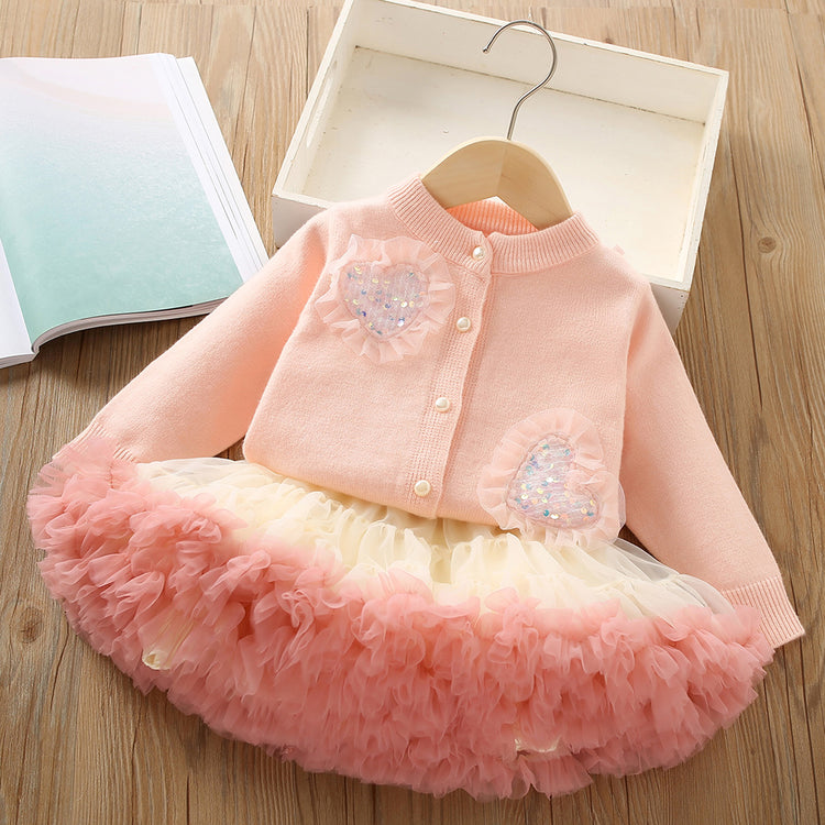 Knitted Cardigan Tutu Dress Girls Sweater Two Piece Set