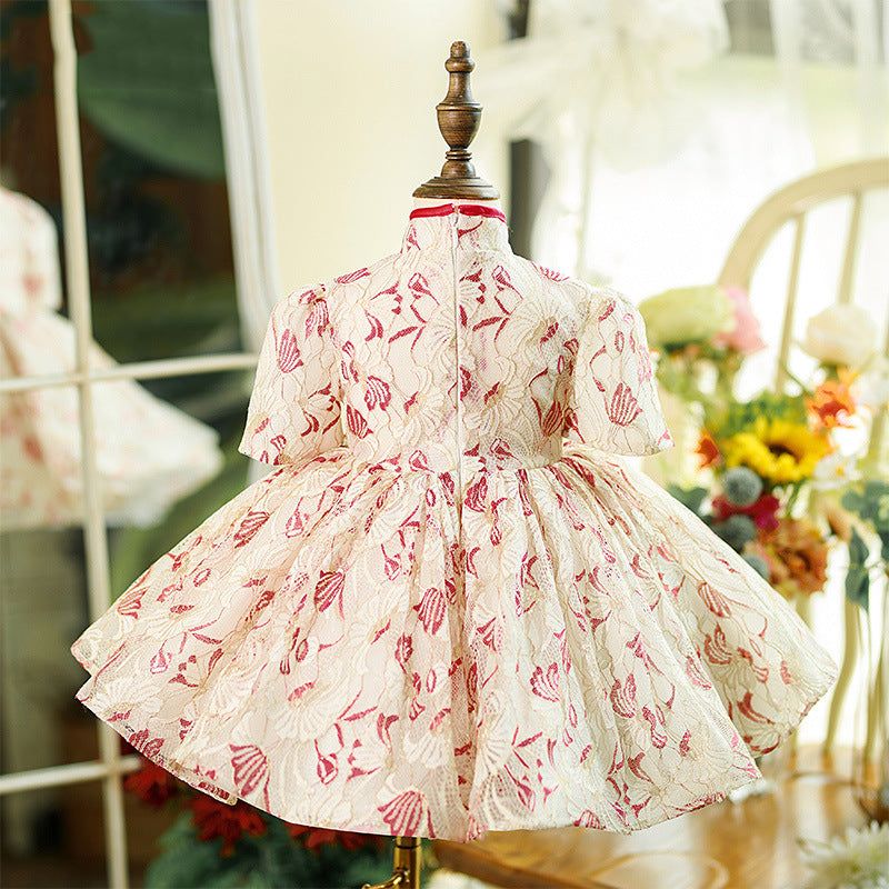 Cute Baby Girls Floral Disc Button Birthday Dress Toddler Evening Dress