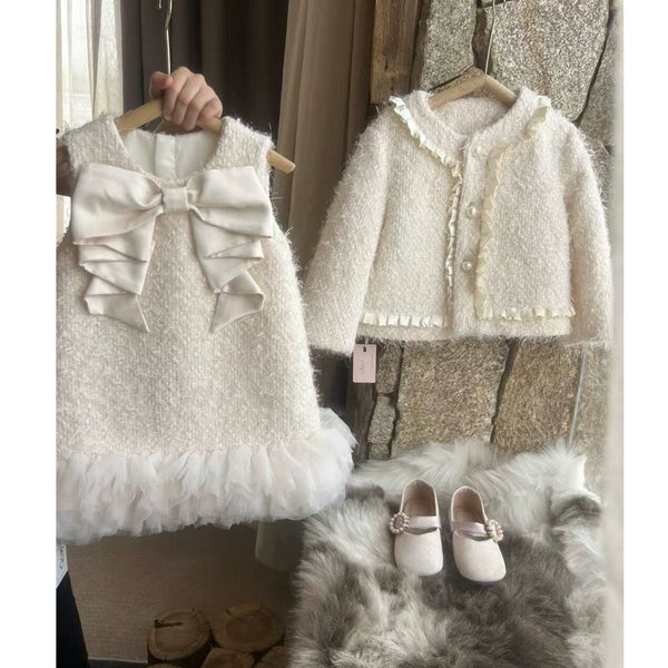 Girls White Warm Coat Bow Vest Dress Princess Dress