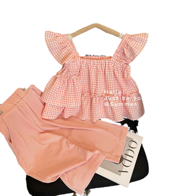 2024 New Girls Summer Suit Plaid Suspender Two-piece Set