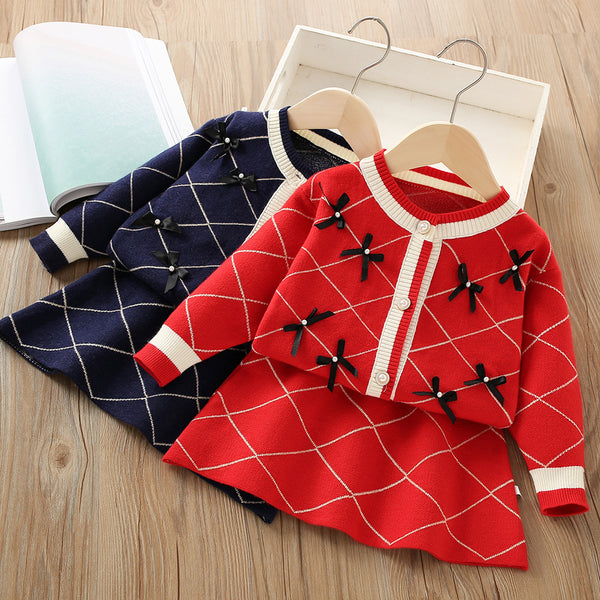 Girls Bow Knitted Long Sleeve Pullover Two-piece Set