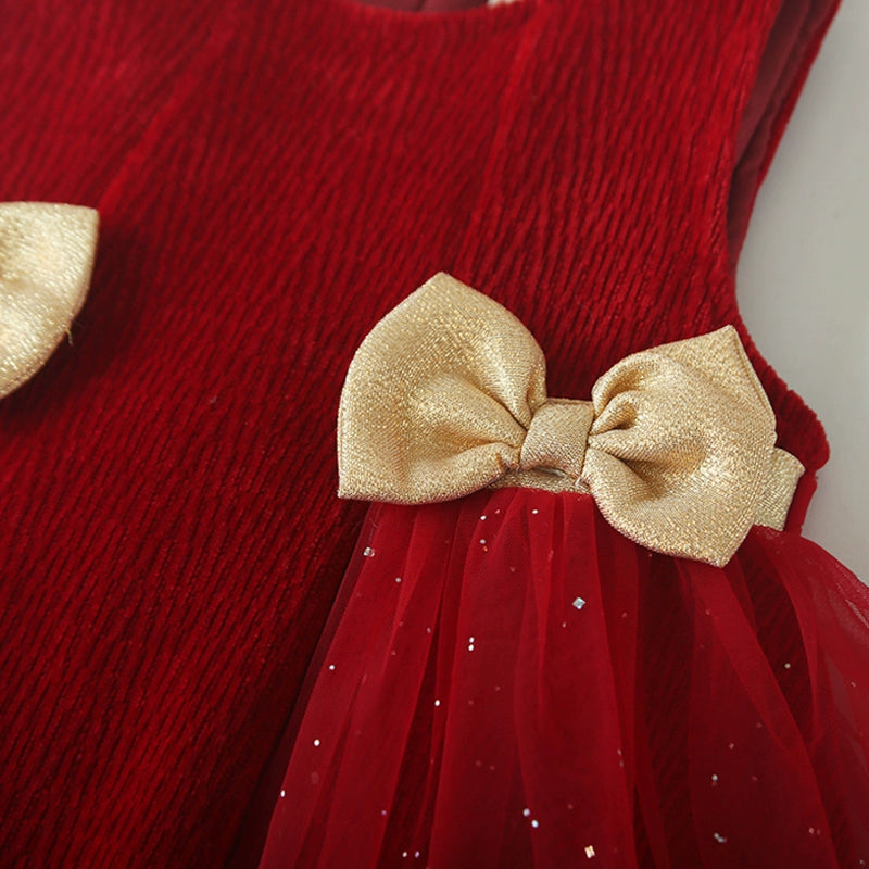 Girls Birthday Red Vest Dress Children's Bow Princess Dress