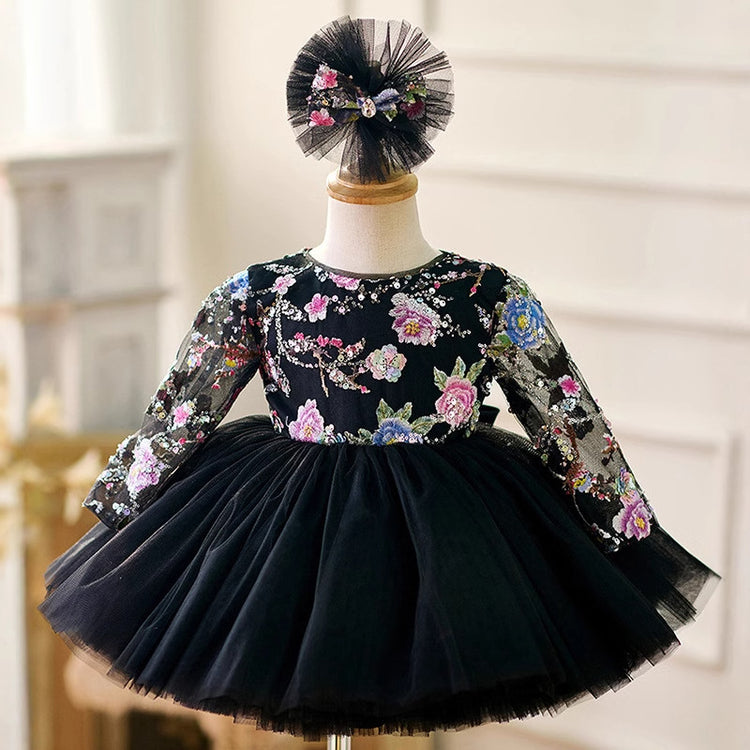 Flower Girl Dress Black Embroidered Christmas Dress Girls Birthday Ball Gown