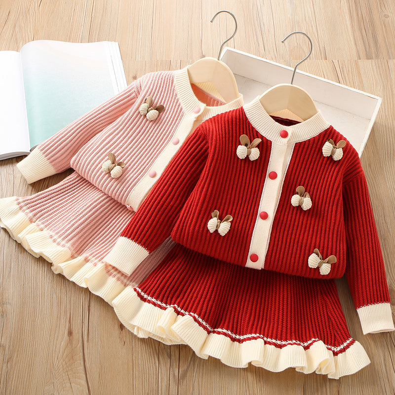 Girls Sweater Set Solid Color Knitted Two Piece Set