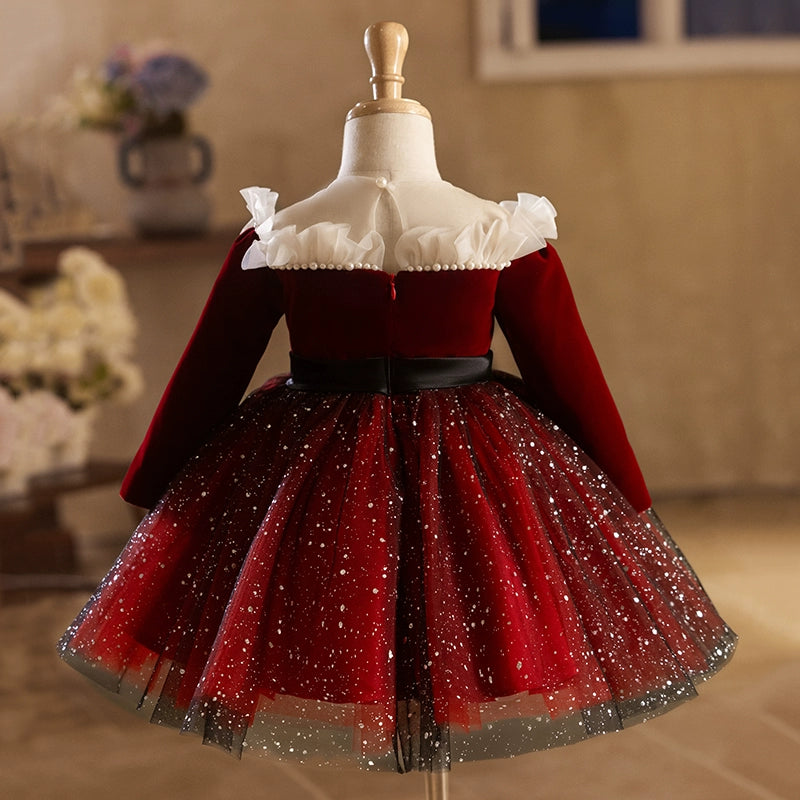 Children's Long Sleeve Birthday Dress Red Princess Dress