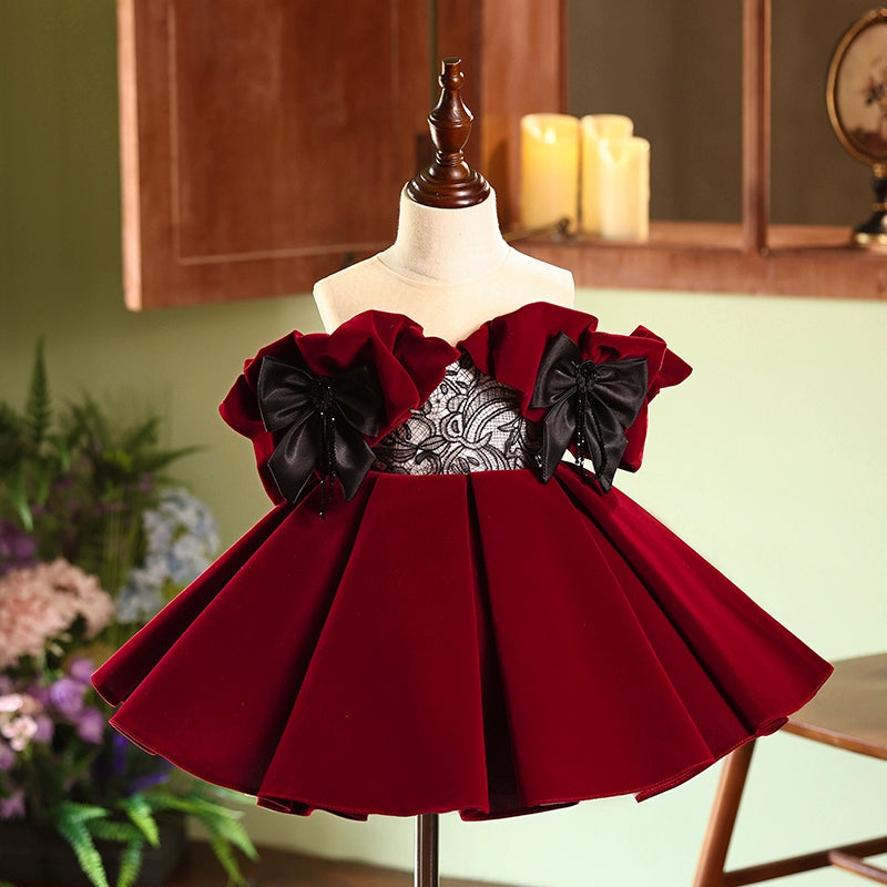 Christmas Red Flower Dress Girl Birthday Princess Dress