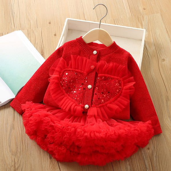 Cute Christmas Winter Girls Sweater Set Cardigan Tutu Skirt Two-piece Set