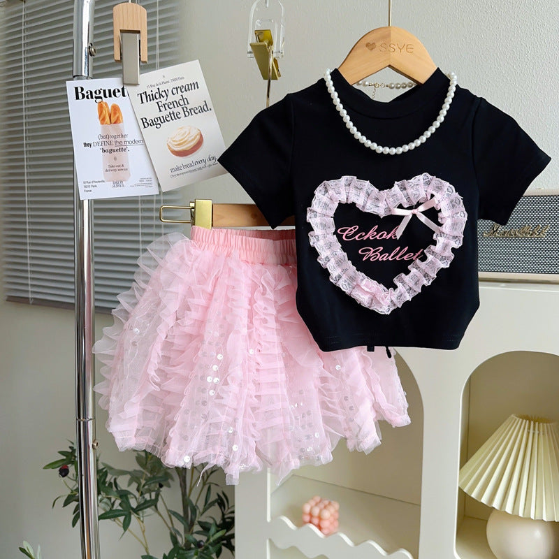 Love Heart T-shirt Mesh Skirt Two-piece Set