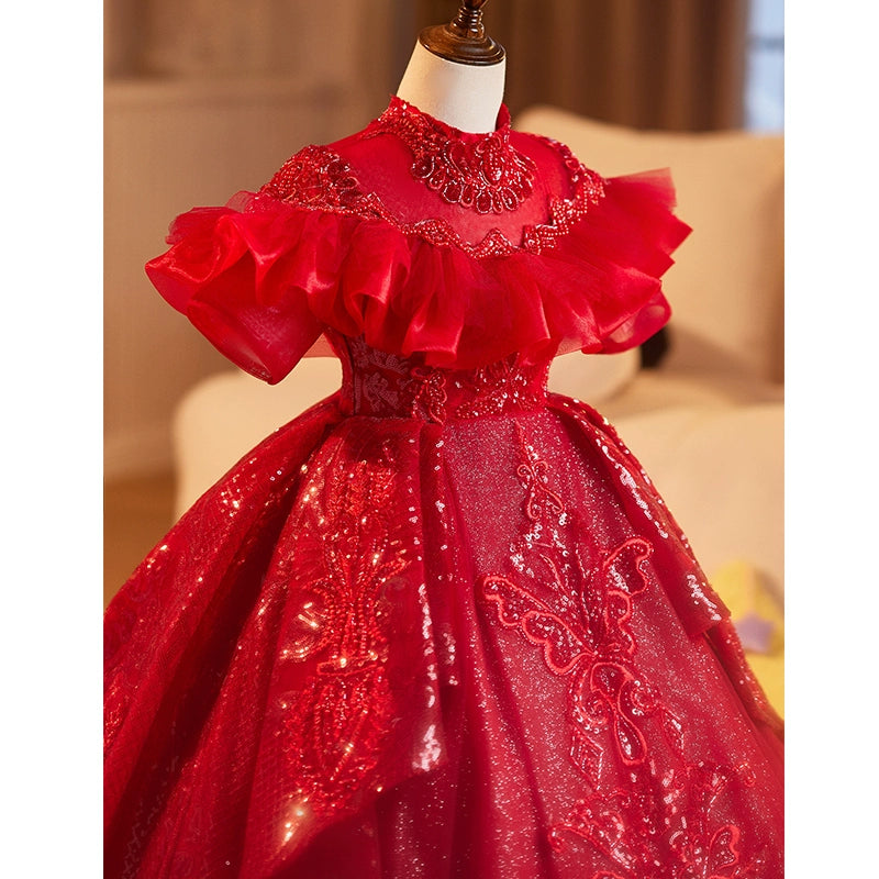 Red Girls Dress Children's Wedding Dress Puffy Princess Dress