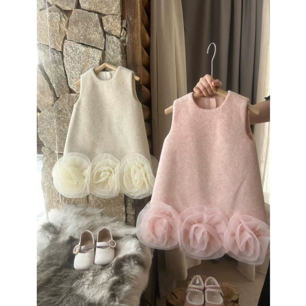 Girls Princess Dress Children's Flower Woolen Vest Dress