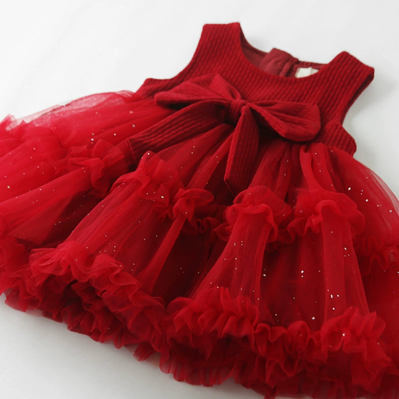 Girls Red Bow Vest Dress Baby Birthday Princess Dress