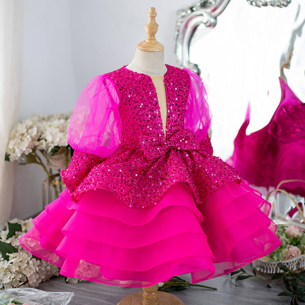 Elegant Baby Girls Sequined Tulle Puff Sleeve Tutu Toddler Ball Gowns
