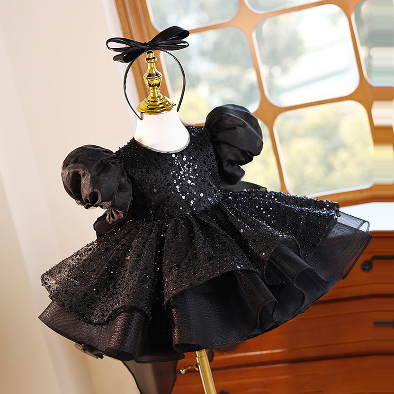 Children's Black Birthday Dress Girls Puff Sleeve Princess Dress