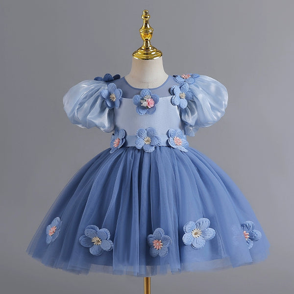 Elegant Baby Girls Floral Tulle Pageant Dresses Toddler Puff Sleeve Princess Dresses For Girls