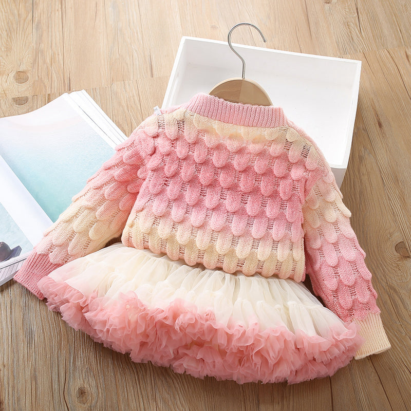 Cute Winter Girls Sweater Set Cardigan Tutu Skirt Two-piece Set