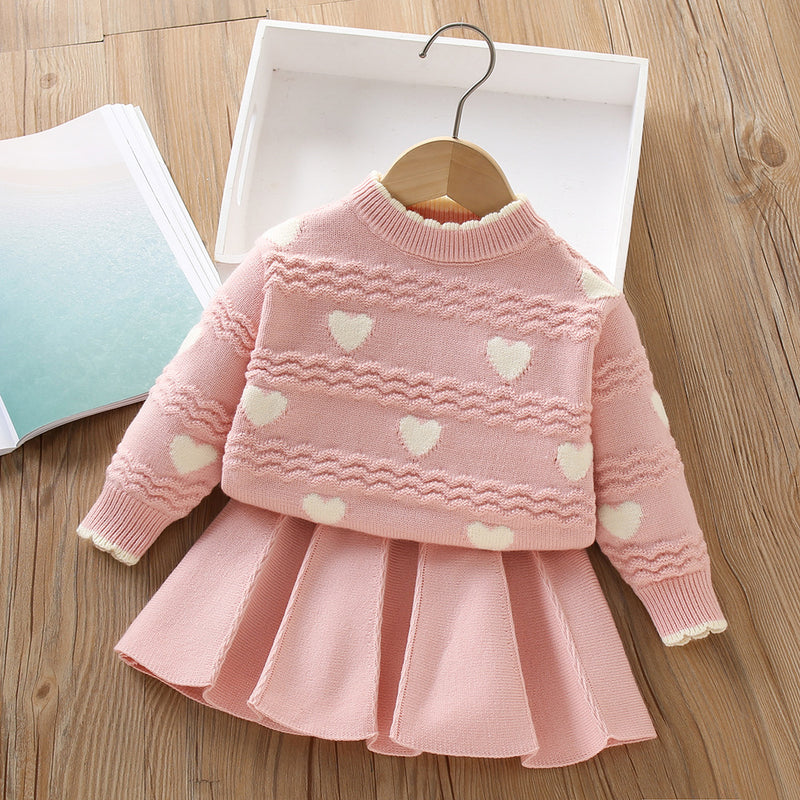 Baby Heart Knitted Girls Sweater Two-piece Set