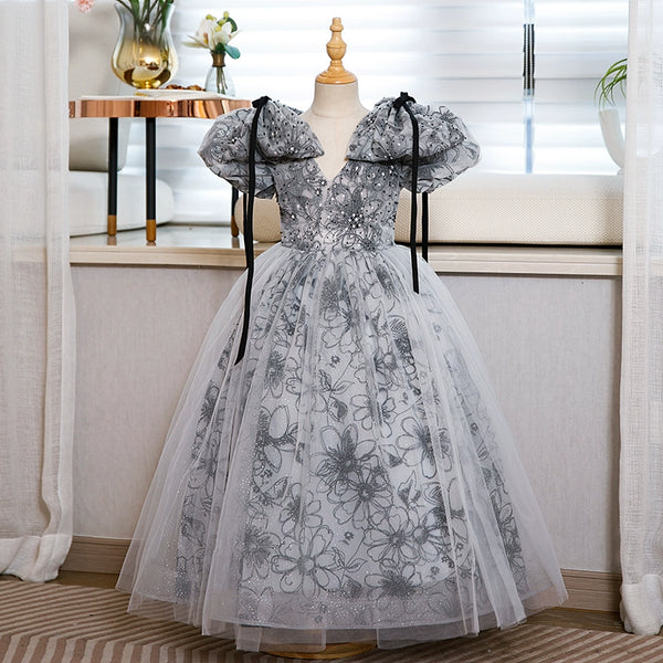 Elegant Baby Girls Puff Sleeve Floral Evening Dress Toddler Ball Gowns