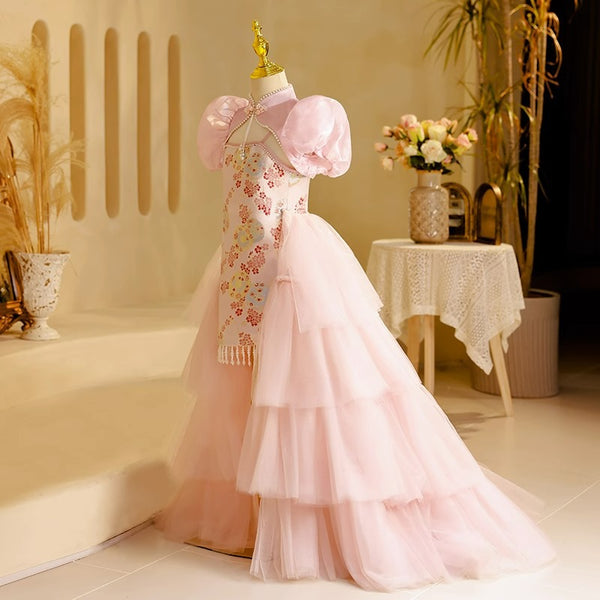 Elegant Baby Girls Pink Floral Train Ball Gowns Little Girl Dresses