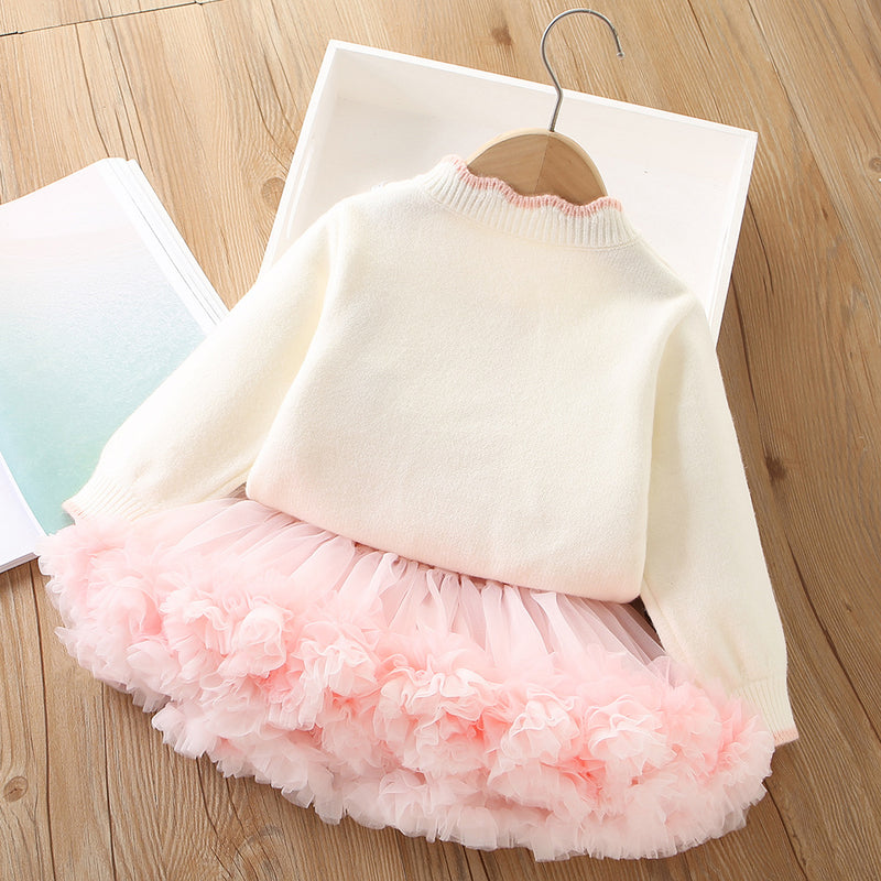 Cute Girls Sweater Set Cardigan Tutu Skirt Two-piece Set