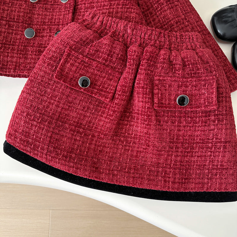 Girls Winter Skirt Tweed Double Breasted Red Two-Piece Set