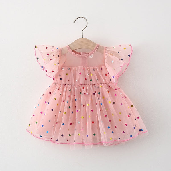 Girls Dot Princess Mesh Dress Children's Short Sleeve Dress