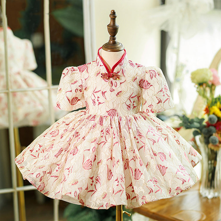 Cute Baby Girls Floral Disc Button Birthday Dress Toddler Evening Dress