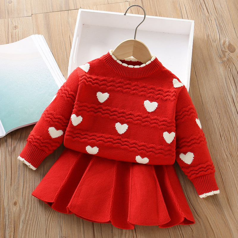 Baby Heart Knitted Girls Sweater Two-piece Set