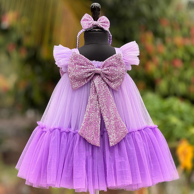 Elegant Baby Purple Flying Sleeves Tulle Dress Toddler Party Princess Dress