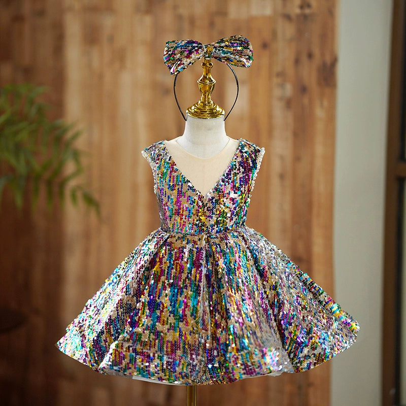 Cute Baby V Neck Baptism Dresses Toddler Sequin Dress