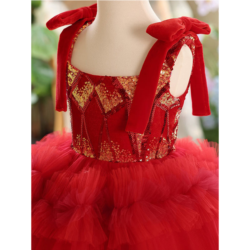 Red Bow Girls Birthday Dress Sleeveless Princess Dress