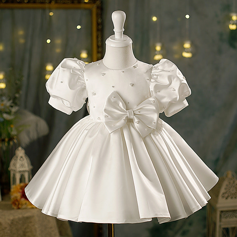 Baby Girl White Beaded Long Sleeve Bow Baptism Dress