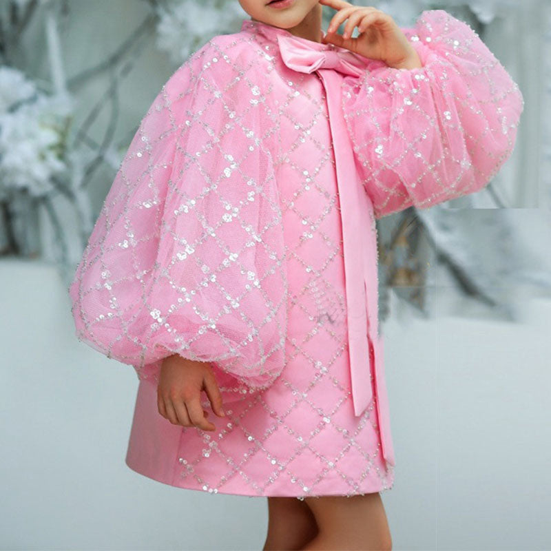 Elegant Baby Girls Pink Sequin Long Sleeve Cheongsam Toddler Flower Girl Dresses