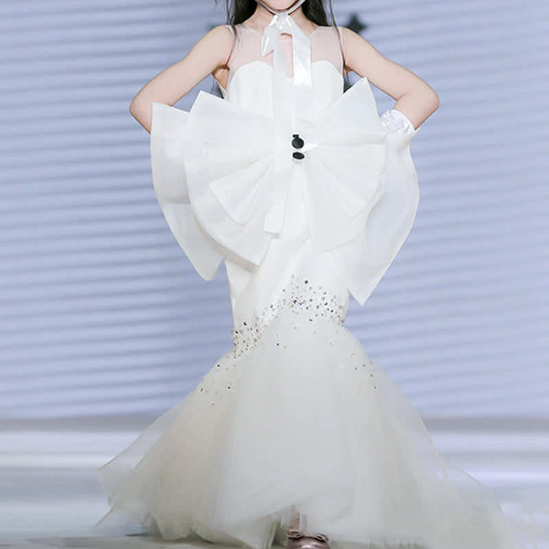Elegant Baby White Bow Mermaid Dress Toddler Girls Catwalk Formal Dresses