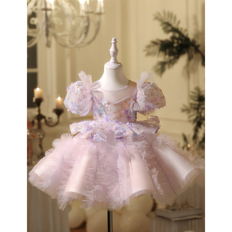 Lilac Girl Dress Fluffy Tulle Skirt Covered with Small Flowers