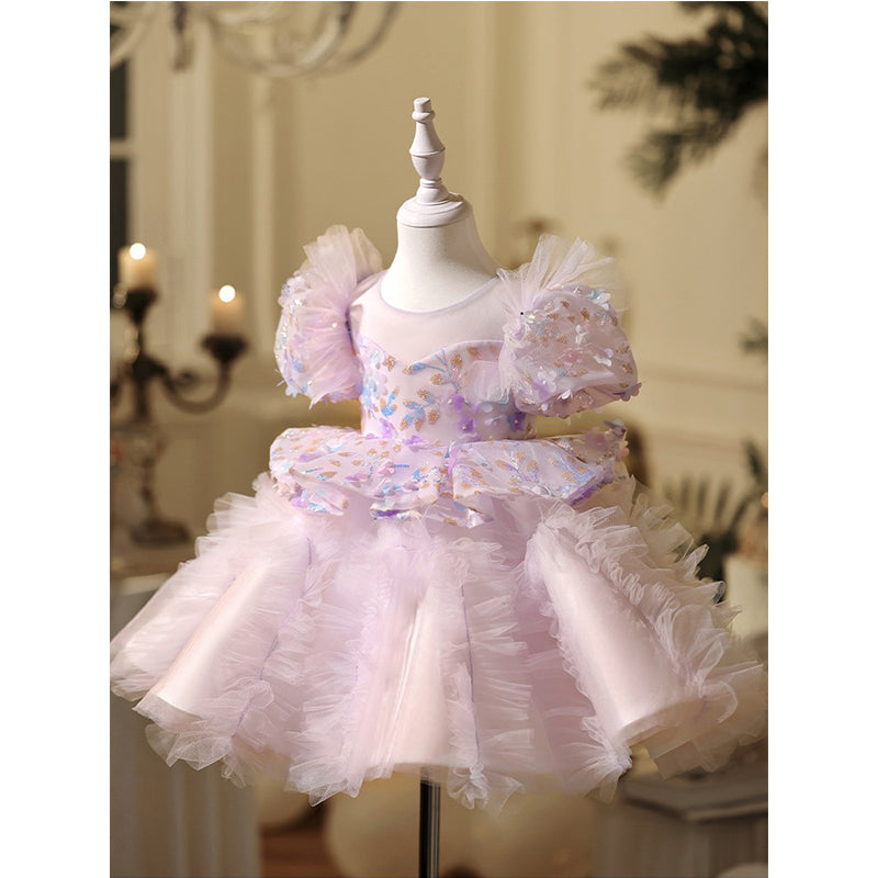 Lilac Girl Dress Fluffy Tulle Skirt Covered with Small Flowers