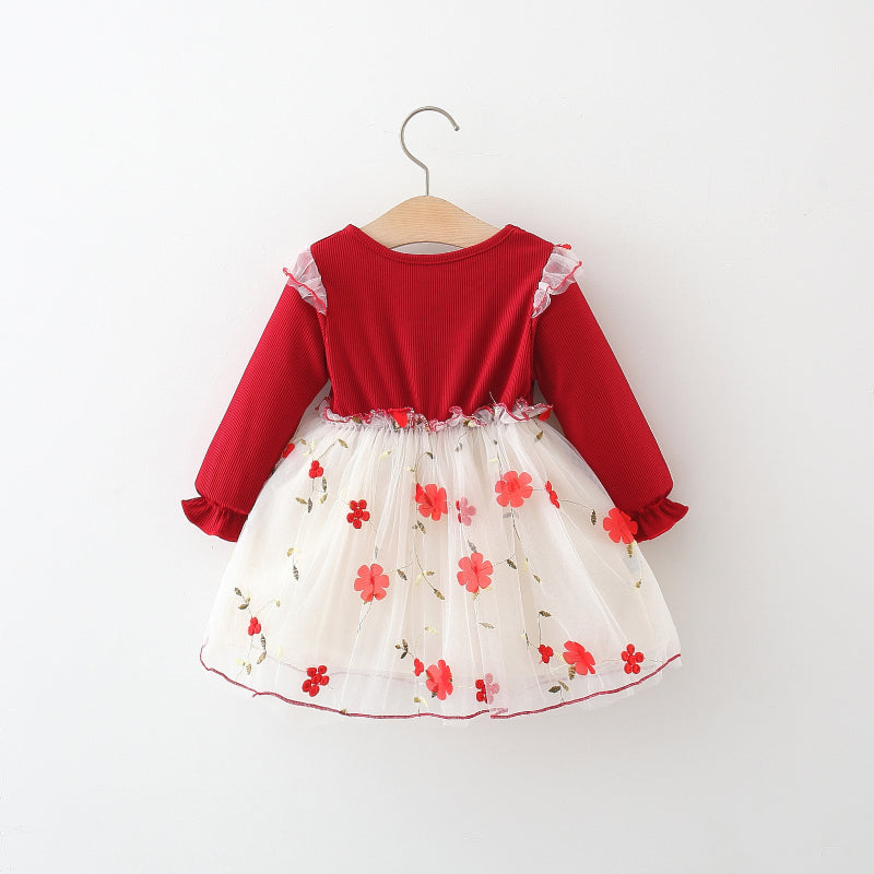 Girls Two Bows Dress Flower Mesh Princess Dress