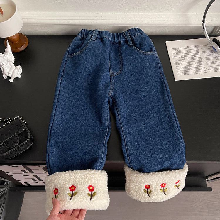 Girls Winter Thick Fur Denim Trousers