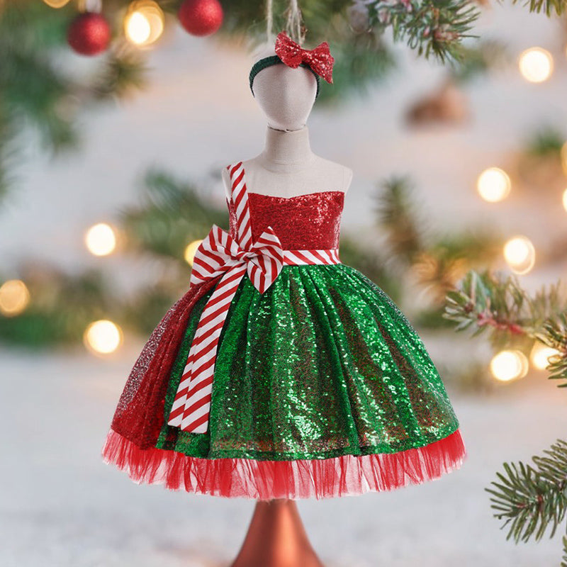 Striped Bow Christmas Dress Baby Girl Christmas Dress Sequined Christmas Dress