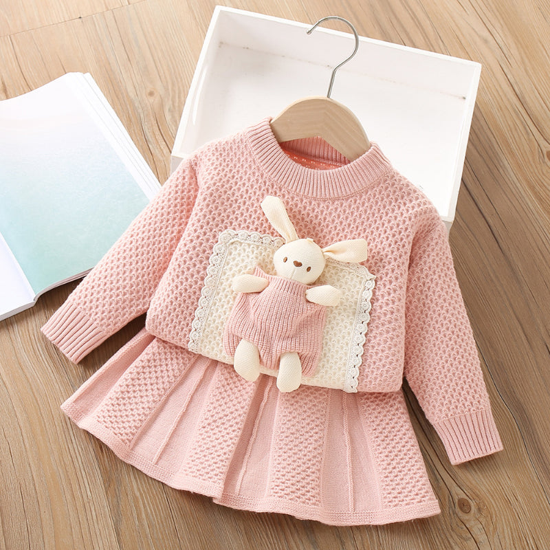 Girls Doll Knit Top Skirt Two-piece Sweater Set